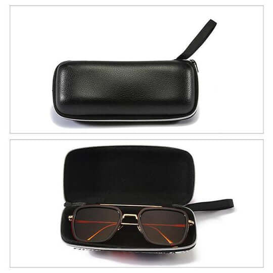 Sort lynlåsetui lukket og åbent med en solbrille med mørke glas indeni 9