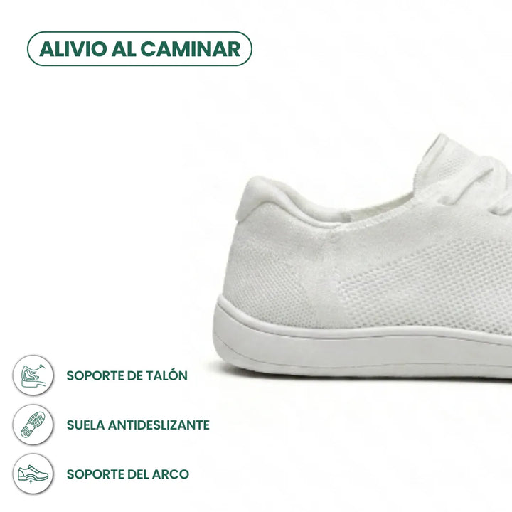 Detalje af hælen på hvid mesh-sneaker med hvid sål, med ikoner for hælstøtte, skridsikker sål og buestøtte. 40