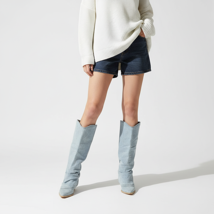  Kniehohe Denim Stiefel - Angela