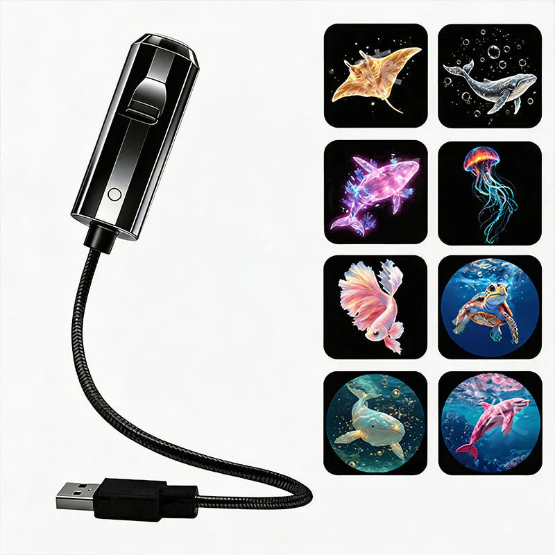 Sort projektor med fleksibel USB-arm ved siden af otte havmotiver som rokke, hval, vandmand, skildpadde og delfin 8