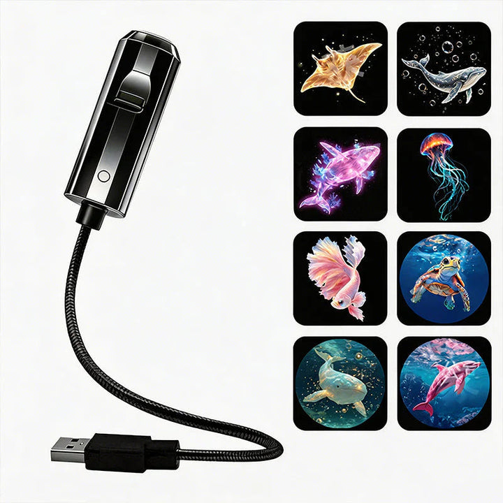 Sort projektor med fleksibel USB-arm ved siden af otte havmotiver som rokke, hval, vandmand, skildpadde og delfin 8