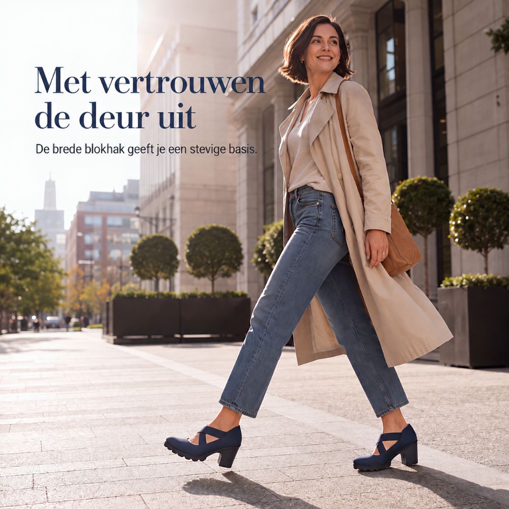 Smilende kvinde i trenchcoat og jeans går på en bygade iført marineblå Mary Jane-sko med blokhæl. 3