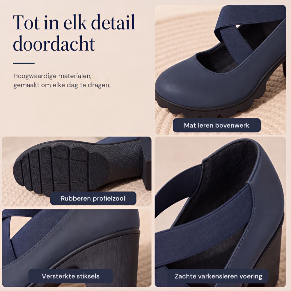 Collage med detaljer af de marineblå sko: mat overflade, profileret gummisål, forstærket hæl og blødt for indeni. 5
