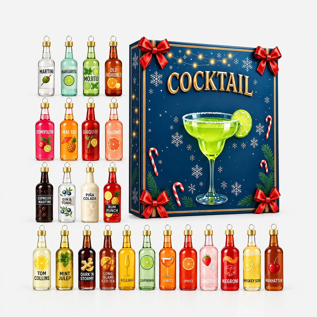 Alle miniaturflaskerne opstillet i rækker på hvid baggrund ved siden af den blå julegaveæske med cocktailglas på låget. 4