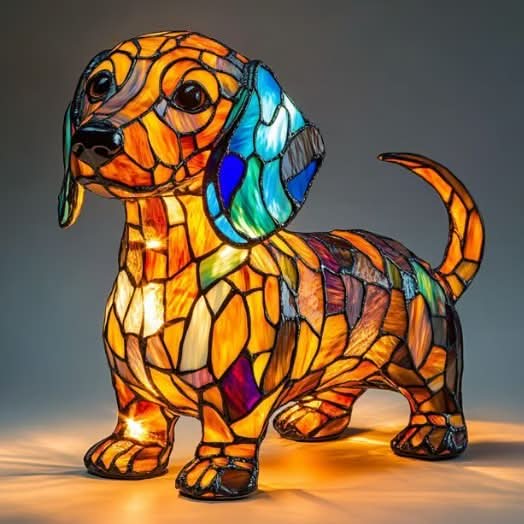 Gravhund-lampe i orange mosaikglas-look med blå øreflap og løftet hale, tændt på mørk baggrund. 11
