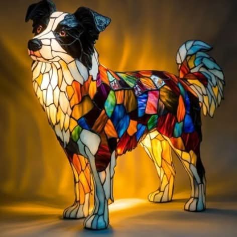 Stående border collie-lampe med sort og hvid hoved og farverig mosaikkrop, der kaster varmt gult lys bagved. 3