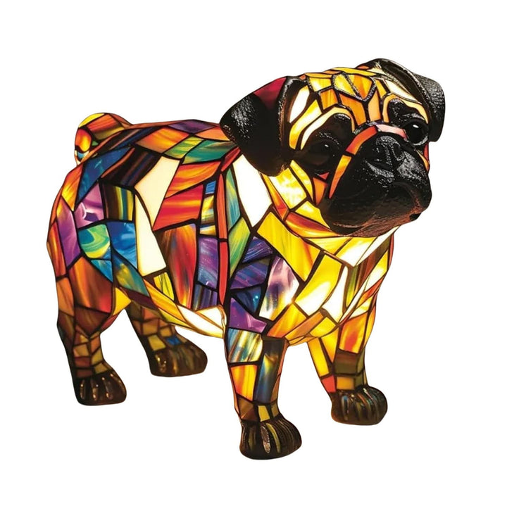 Lampe formet som en mops med sort snude og ører og krop i farvet mosaik, fotograferet mod hvid baggrund. 30