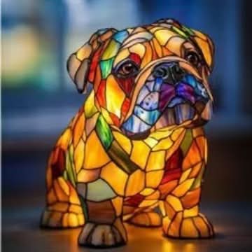 Siddende bulldog-lampe i gule, røde og grønne mosaikfelter, set forfra i blødt lys. 5