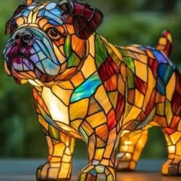 Bulldog-lampe set fra siden og skråt forfra, med farvede mosaikfelter og varmt lys mod grøn baggrund. 6