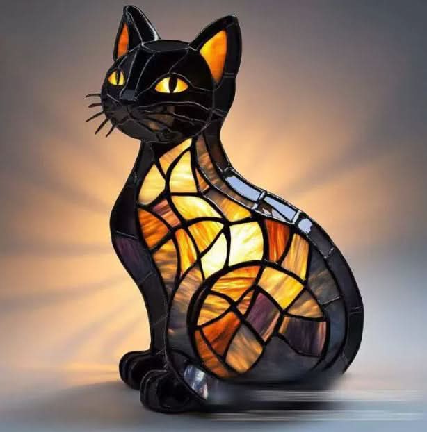 Siddende sort kattelampe med gule øjne og ravfarvet mosaikglas-look på kroppen, der lyser varmt bagud. 8