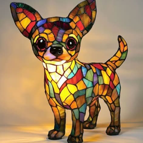 Stående chihuahua-lampe med store ører og kulørt mosaikmønster, tændt og med varmt lys under poterne. 9