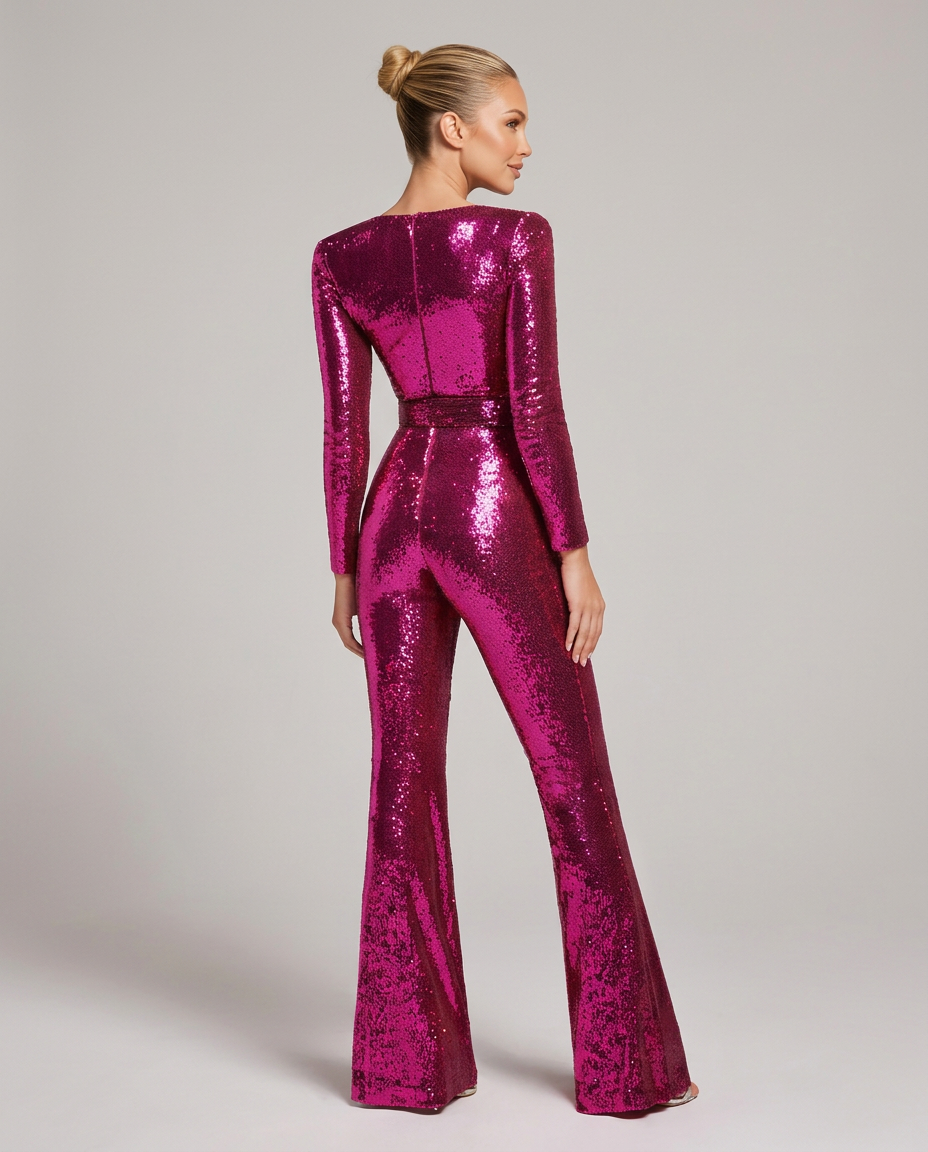 Model set bagfra i pink palietjumpsuit med lange ærmer og udsvingede ben, med hovedet drejet let til siden. 2