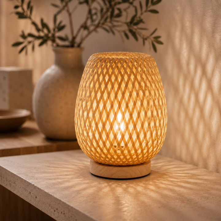Tændt bordlampe med flettet bambusskærm og rund trækant på en stenhylde, der kaster mønstret lys på væggen, med vase i baggrunden. 1