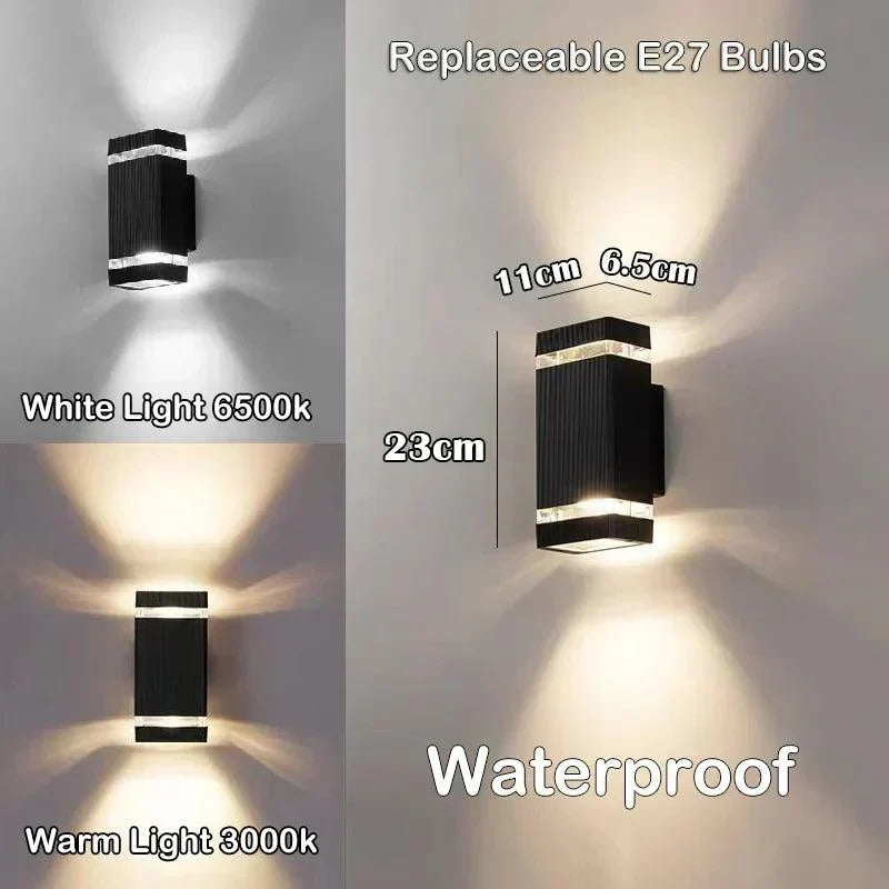 Kortere firkantet lampe med mål, vist i hvidt og varmt lys, med udskiftelig E27-pære. 7