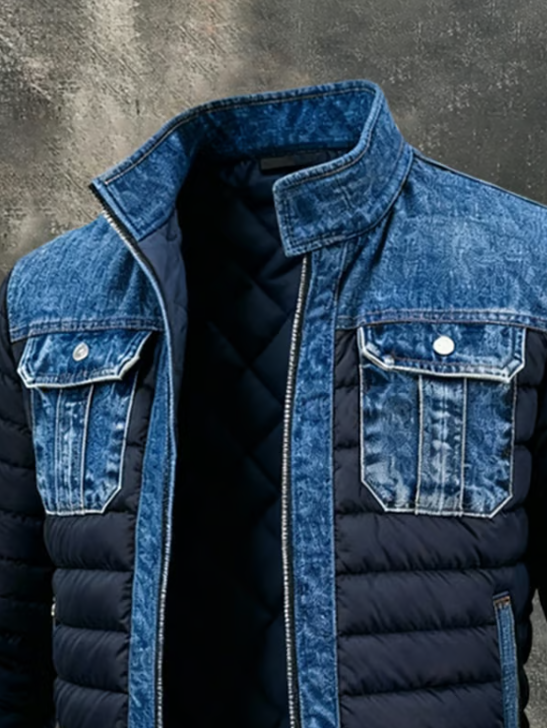 Overdel af jakken med åben krave, denimskuldre og to brystlommer med knapper over den quiltede krop og det ternede foer. 3
