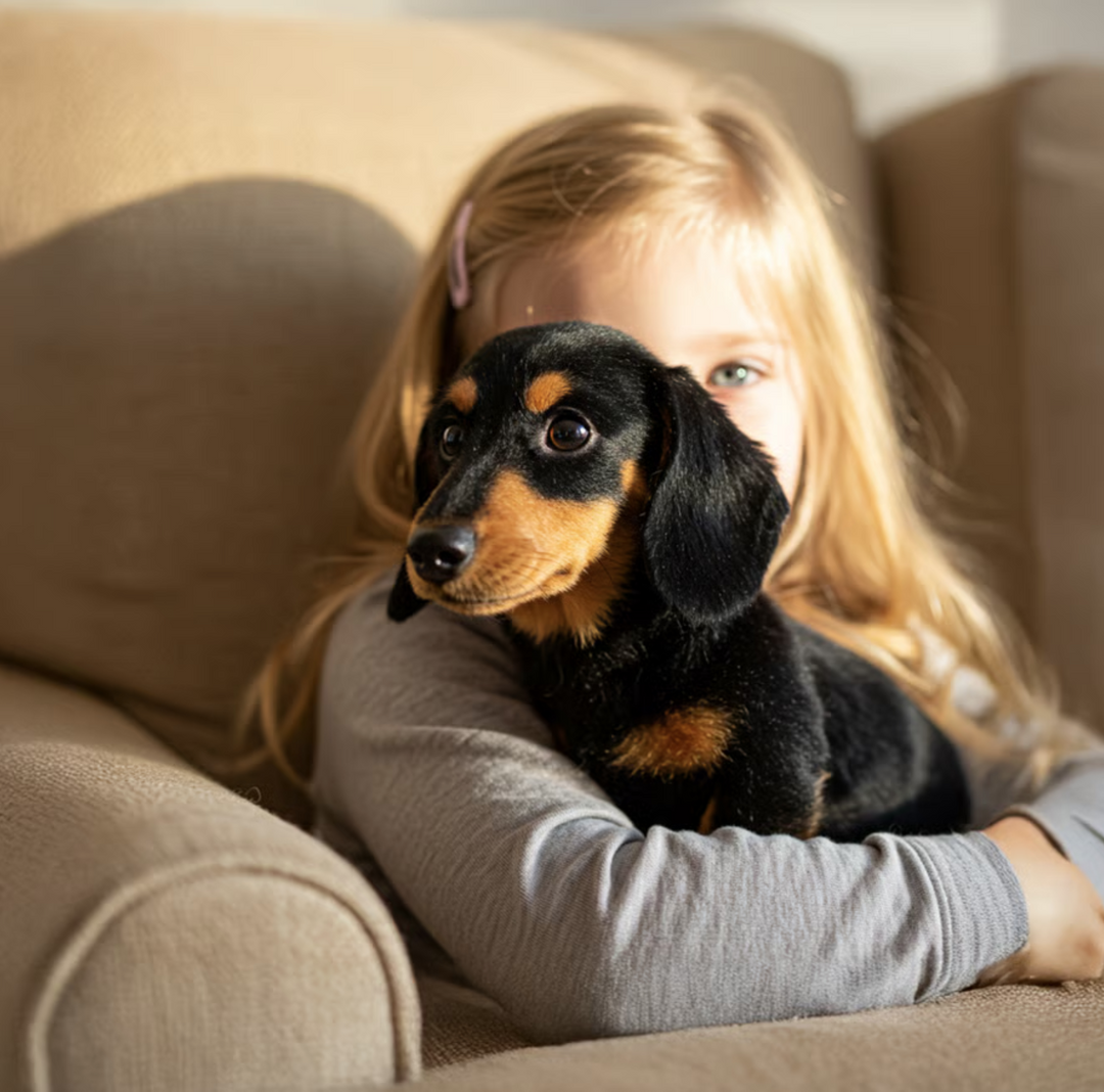 Pige med langt lyst hår sidder i en beige lænestol og holder en sort plysgravhund i armene. 9
