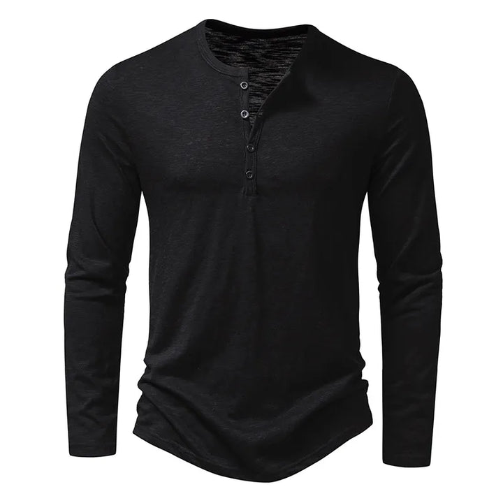 Sort henley-skjorte med knapper ved halsen og slank pasform, set lige forfra. 16