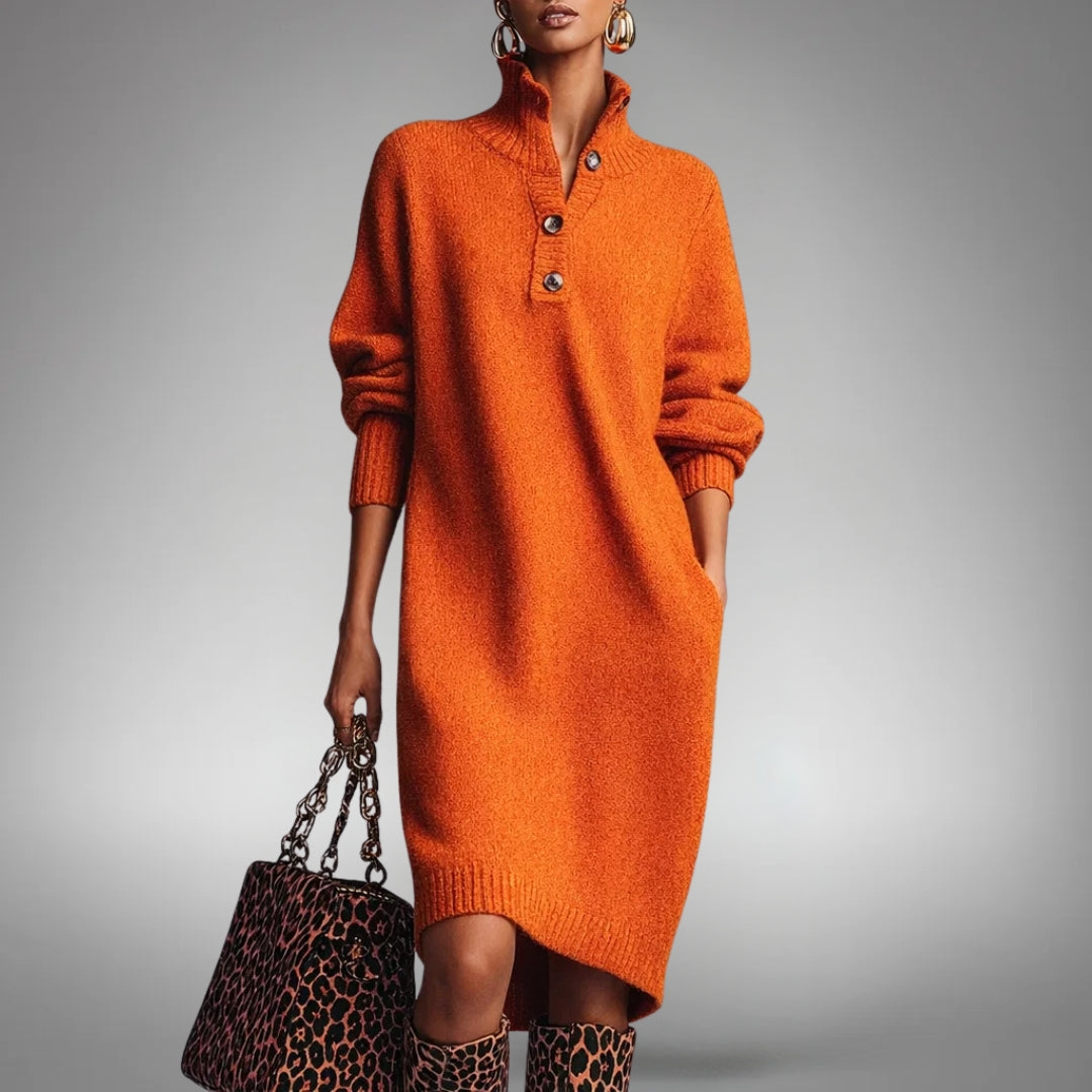 Model i orange strikkjole med knapper og høj hals, med leopardtaske og matchende støvler 1