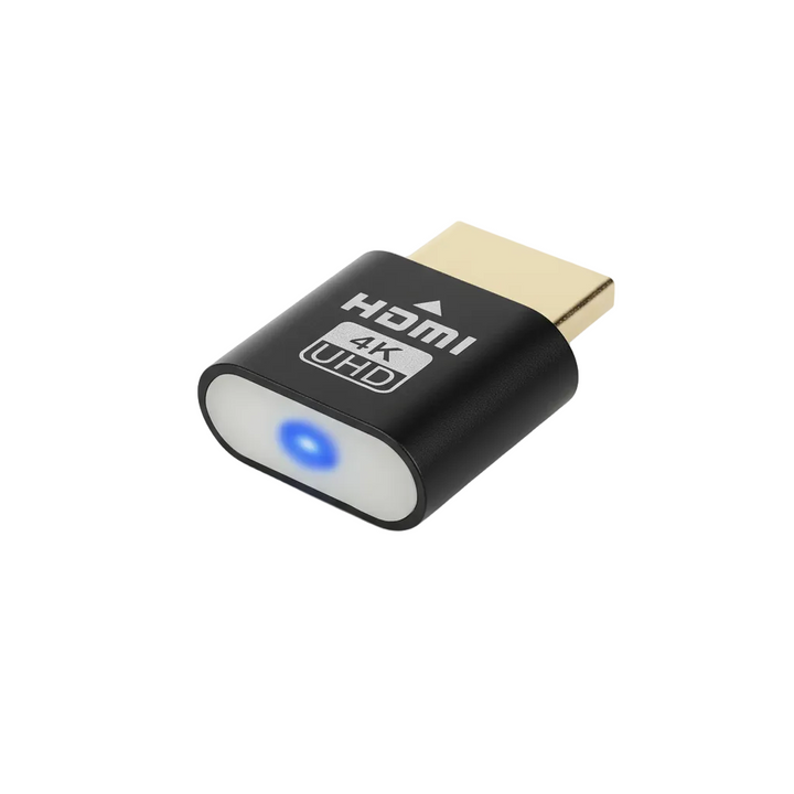 Sort HDMI-enhed med guldbelagt stik og lysende blå LED på enden, vist skråt på hvid baggrund. 1