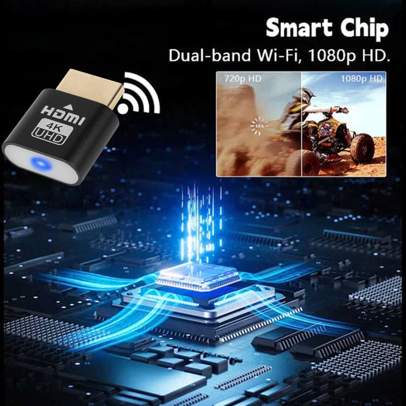 Sort HDMI-enhed med et trådløst signal-ikon over et lysende computerchip-kredsløb og sammenligning af billedkvalitet. 4