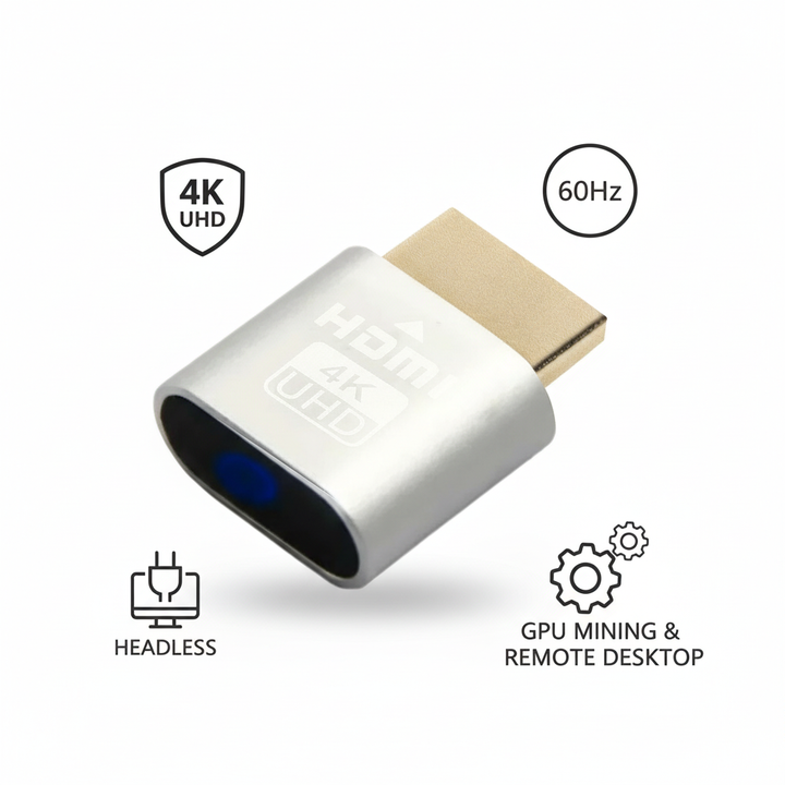 Sølvfarvet HDMI-enhed med guldstik, omgivet af ikoner for 4K, 60Hz, headless-brug og fjernskrivebord. 11