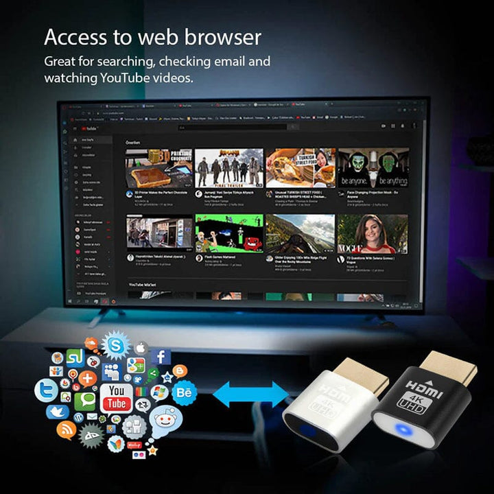 Sort og sølvfarvet HDMI-enhed foran et tv med en videoside åben i webbrowseren. 6