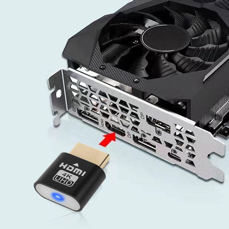 Sort HDMI-enhed med pil mod HDMI-udgangen på et grafikkort med flere tilslutninger. 9