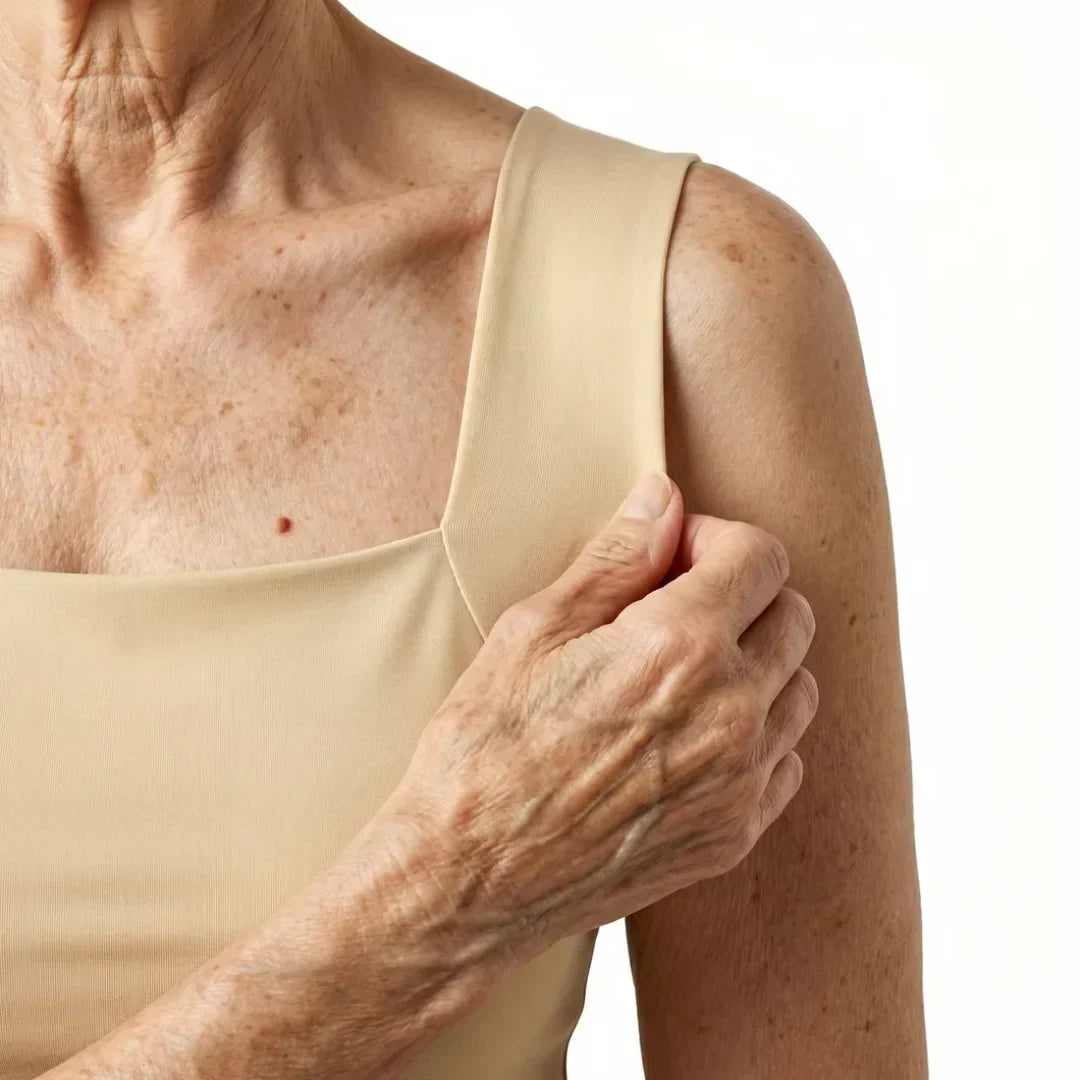 Nærbillede af skulder og brystparti med beige tanktop, hvor en hånd viser den brede skulderstrop. 10