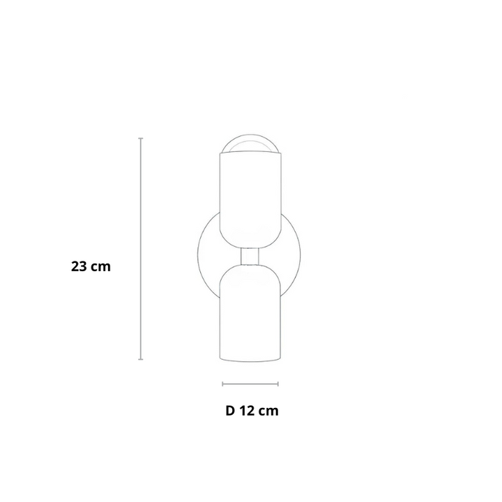 Stregtegning af væglampen med mål: højde 23 cm og diameter 12 cm, uden farver. 23