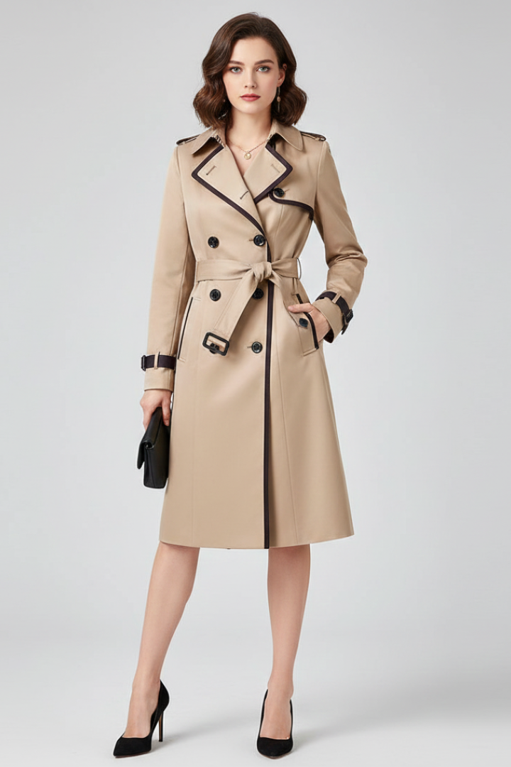 Model set forfra i beige trenchcoat med mørke kanter og knyttet bælte, med sort clutch og sorte højhælede sko. 2