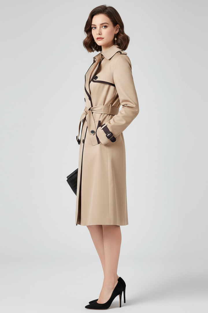 Model set fra siden i beige trenchcoat med mørke kantbånd, bindebælte og ærmestropper, med hånden i lommen. 3