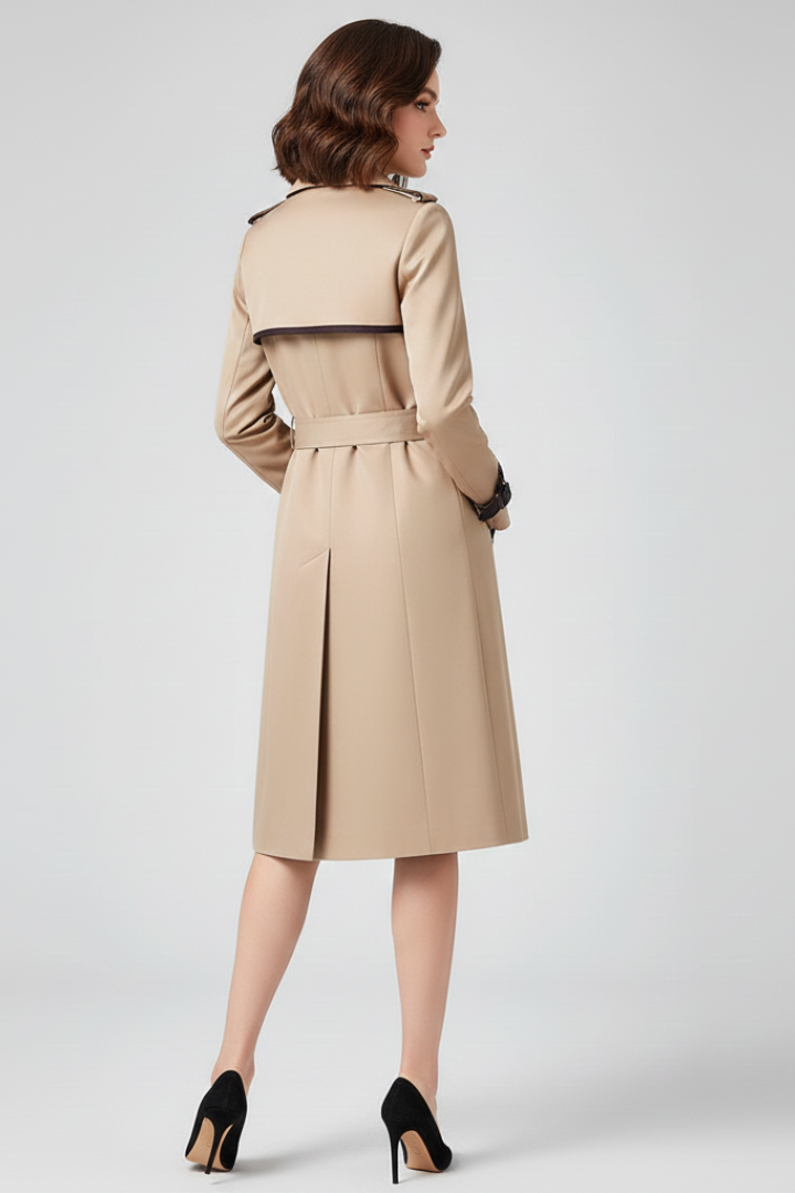 Model set bagfra i beige trenchcoat, der viser skulderstykket, bæltet og det midterste læg i bagsiden. 4