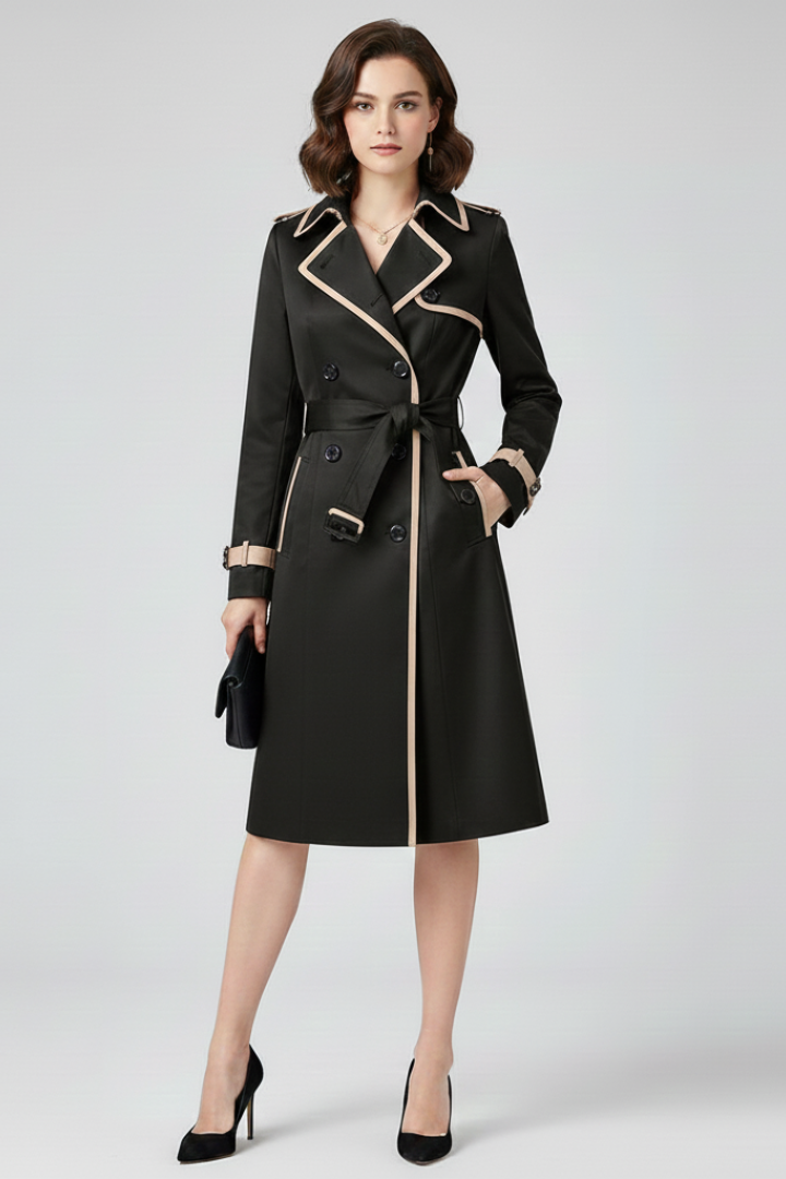 Model i sort version af trenchcoaten med beige kanter og knyttet bælte, med sort clutch og sorte sko. 5