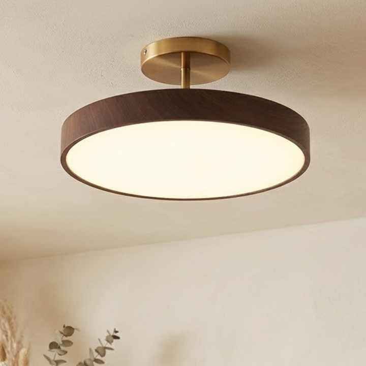 Tændt halvloftlampe med mørkt trælook og guldfarvet monteringsplade, set på skrå fra siden i et lyst rum med eukalyptusgren. 1