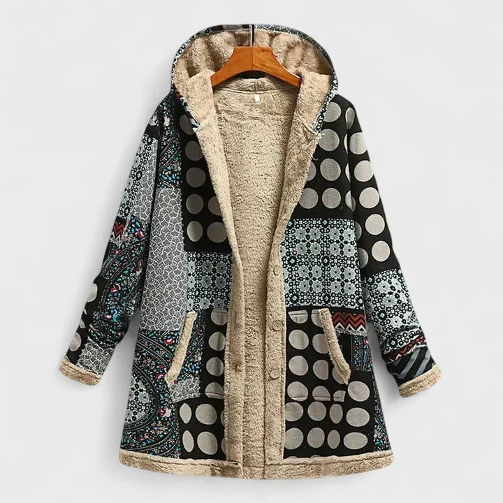 Frakke med sort-hvidt mønster af prikker og patchwork, knapper og kantet med blødt lyst fleece 4