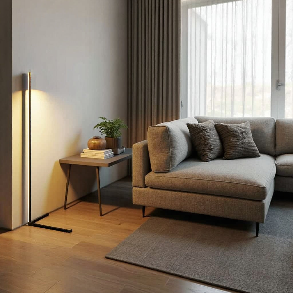 Tændt gulvlampe i lys stue med grå sofa, sidebord med plante og lange gardiner 6