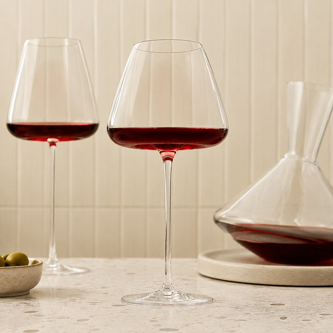 Rødvinsglas med lang stilk i forgrunden, et glas bagved og en glaskaraffel på bakke ved en skål oliven. 7