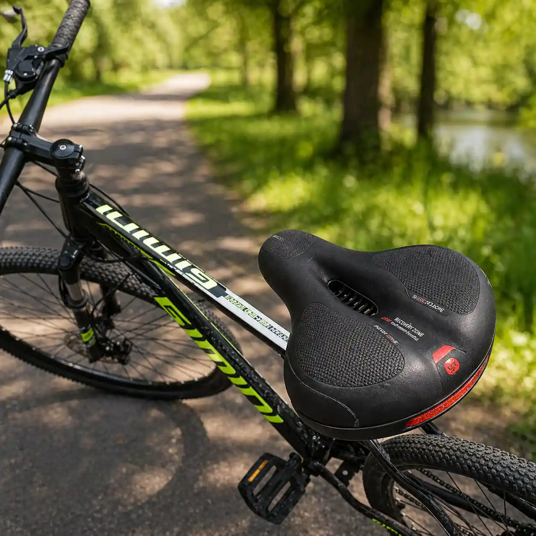 Sort cykelsadel monteret på en mountainbike på en skovsti, med rød reflekterende strip bagpå. 9