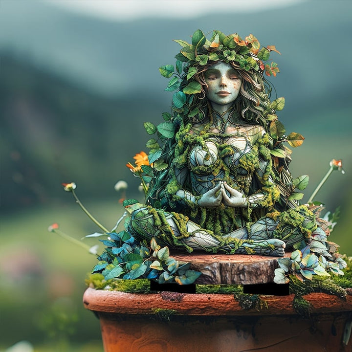 Meditationsfigur med bladkrans og lukkede øjne i en gammel terrakottapotte, med små orange blomster og dis bakkelandskab bagved. 20