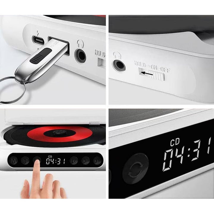 Fire detaljebilleder af afspillerens sider: USB-stik og USB-C-port, hovedtelefonudgang med tænd/sluk-kontakt, tryk på knapperne og det lysende display. 3