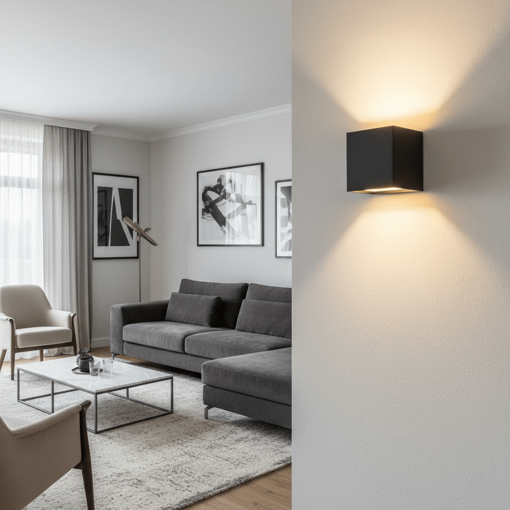 Sort kubeformet væglampe på en hvid væg kaster varmt lys op og ned, med en stue med grå sofa i baggrunden. 2