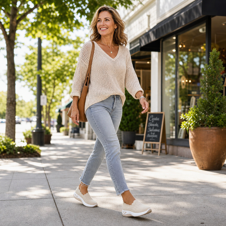 Kvinde i strikbluse og jeans går ned ad en gade i beige slip-on-sko 7