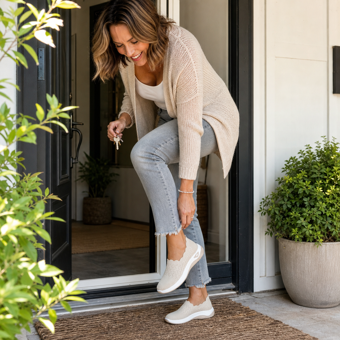 Kvinde med nøgler i hånden tager beige slip-on-sko på ved hoveddøren uden at binde snørebånd 6