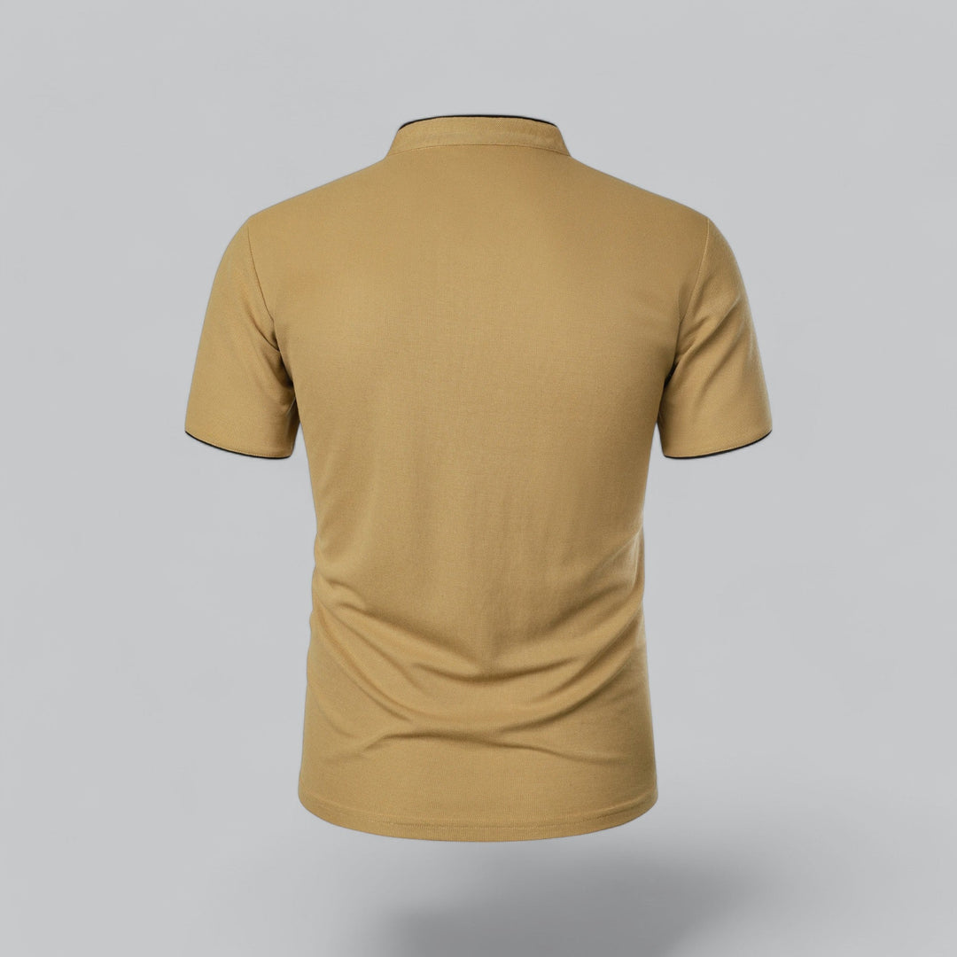 Sennepsgul poloshirt set bagfra med ståkrave og ensfarvet ryg uden mønster 10