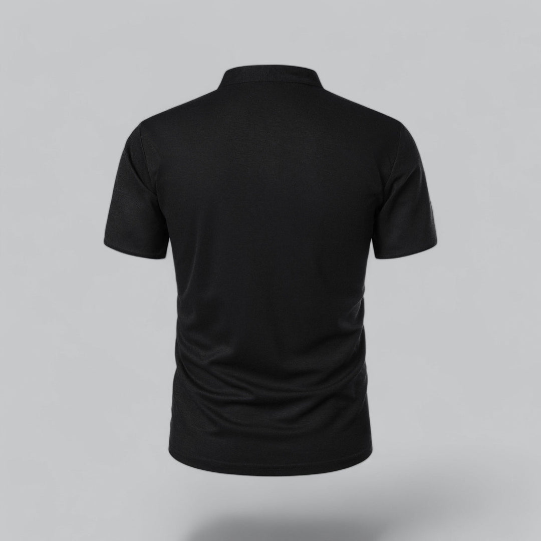 Sort poloshirt set bagfra med ståkrave og ensfarvet ryg 16