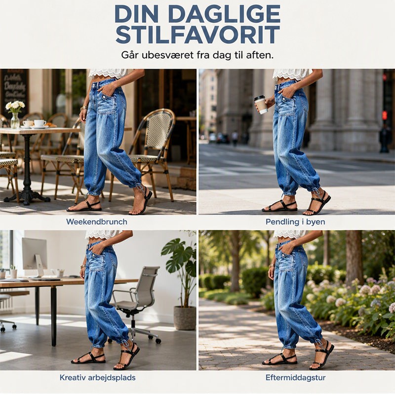 Fire billeder af den samme model i blå tøndejeans til brunch, byen, kontoret og en gåtur i parken. 6