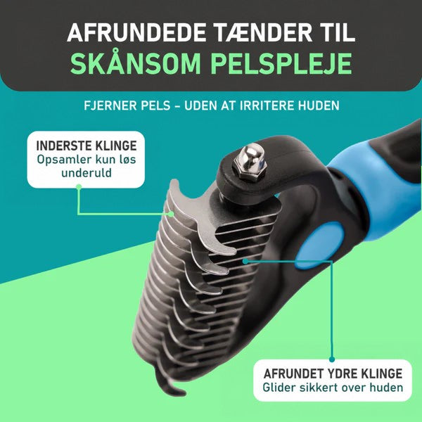 Nærbillede af rivens afrundede stålblade, hvor den indre og den ydre klinge er mærket med pile. 3