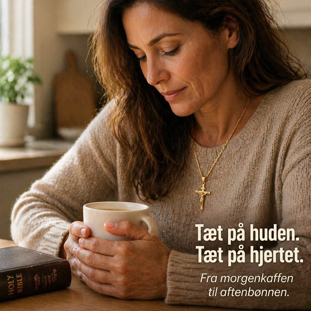 Kvinde i strikket trøje med krucifiks om halsen holder en kop kaffe ved siden af en bibel 4