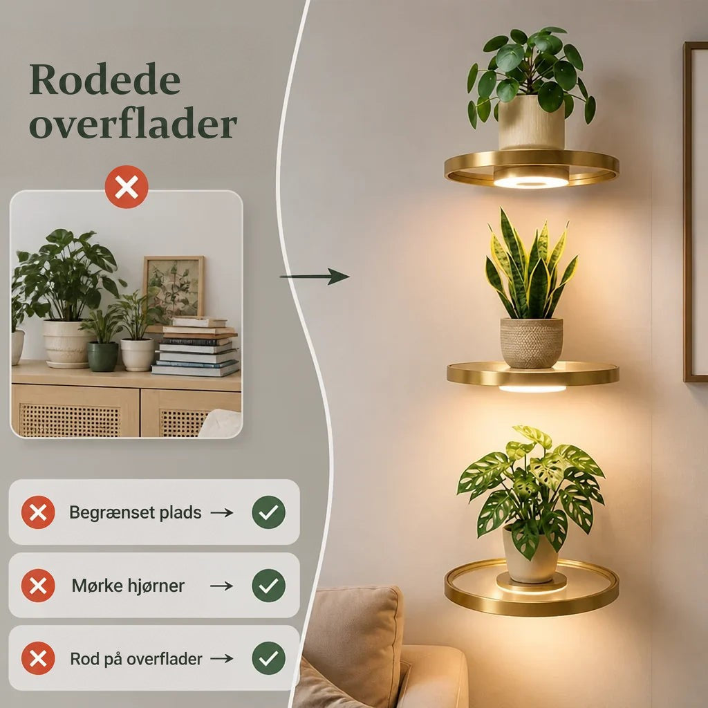 Sammenligning af en rodet kommode til venstre og tre oplyste runde guldhylder med planter til højre, med tre fordele opstillet som afkrydsningspunkter. 2