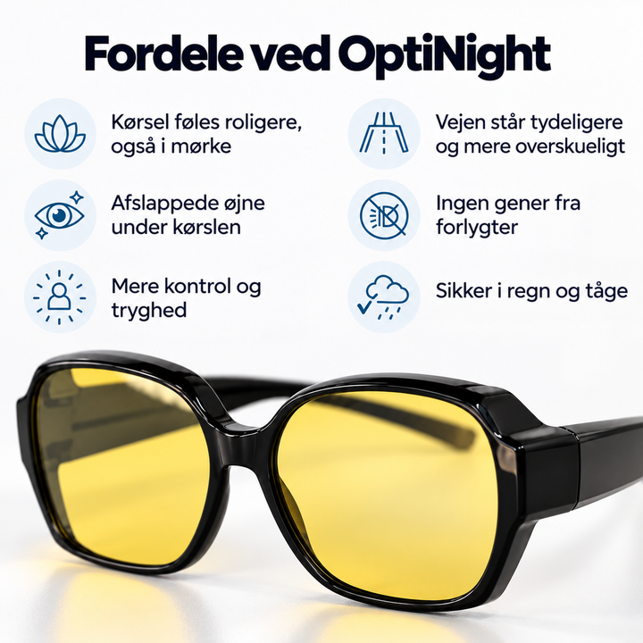 Sort brille med gule linser set tæt på, over seks ikoner der viser fordele som roligere kørsel og mindre blænding. 3